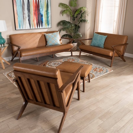 Baxton Studio Bianca Mid-Century Modern Walnut Brown Finished Wood and Tan Faux Leather 4-Piece Living Room Set 190-11392-11393-11394-11484-ZORO